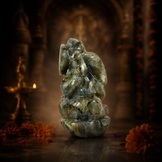 Natural Labradorite Ganesh Idol – Crystal Ganpati Statue for Home Temple & Desk Decor