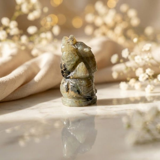 Natural Labradorite Ganesha Idol – Hand Carved Crystal Ganesh Statue for Home Temple Decor