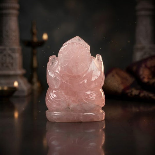 Natural Rose Quartz Ganesh Idol – Raw Crystal Ganpati Statue for Home Temple Decor