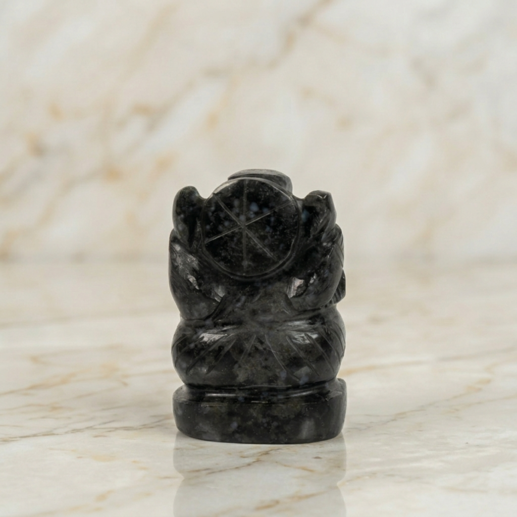 Natural Snowflake Obsidian Ganesh Idol – Crystal Ganpati Statue for Home Temple Decor