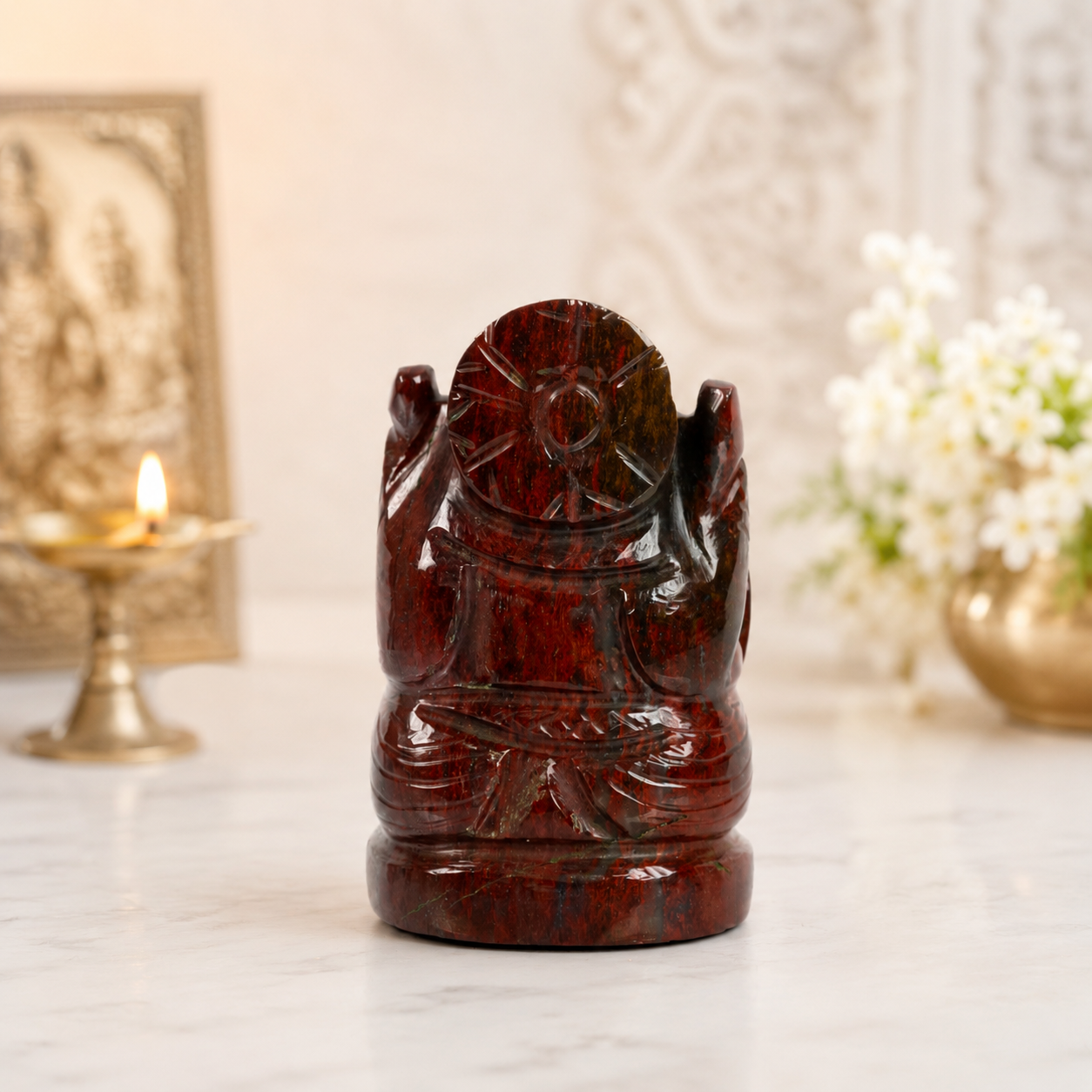 Natural Bloodstone Ganesh Idol – Raw Crystal Ganpati Statue for Home Temple Decor