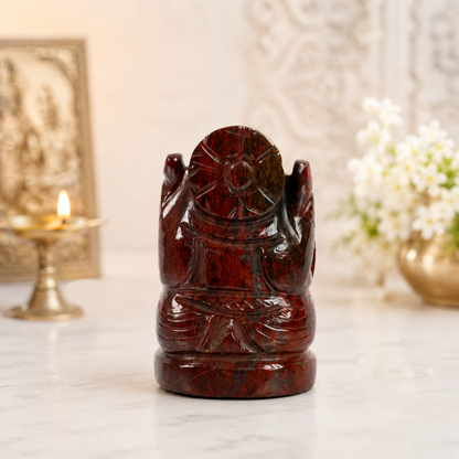 Natural Bloodstone Ganesh Idol – Raw Crystal Ganpati Statue for Home Temple Decor