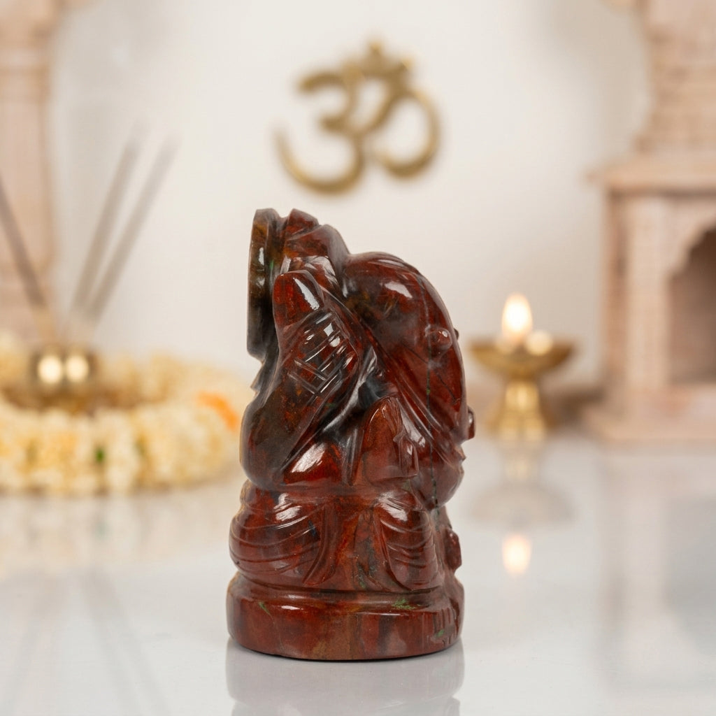 Natural Bloodstone Ganesh Idol – Raw Crystal Ganpati Statue for Home Temple Decor