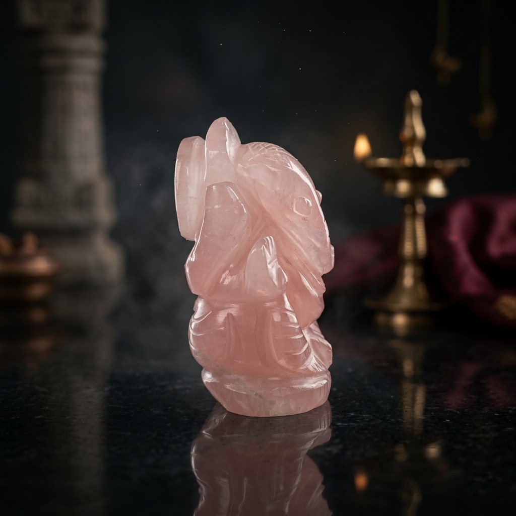 Natural Rose Quartz Ganesh Idol – Raw Crystal Ganpati Statue for Home Temple Decor