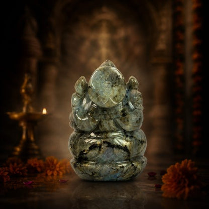Natural Labradorite Ganesh Idol – Crystal Ganpati Statue for Home Temple & Desk Decor