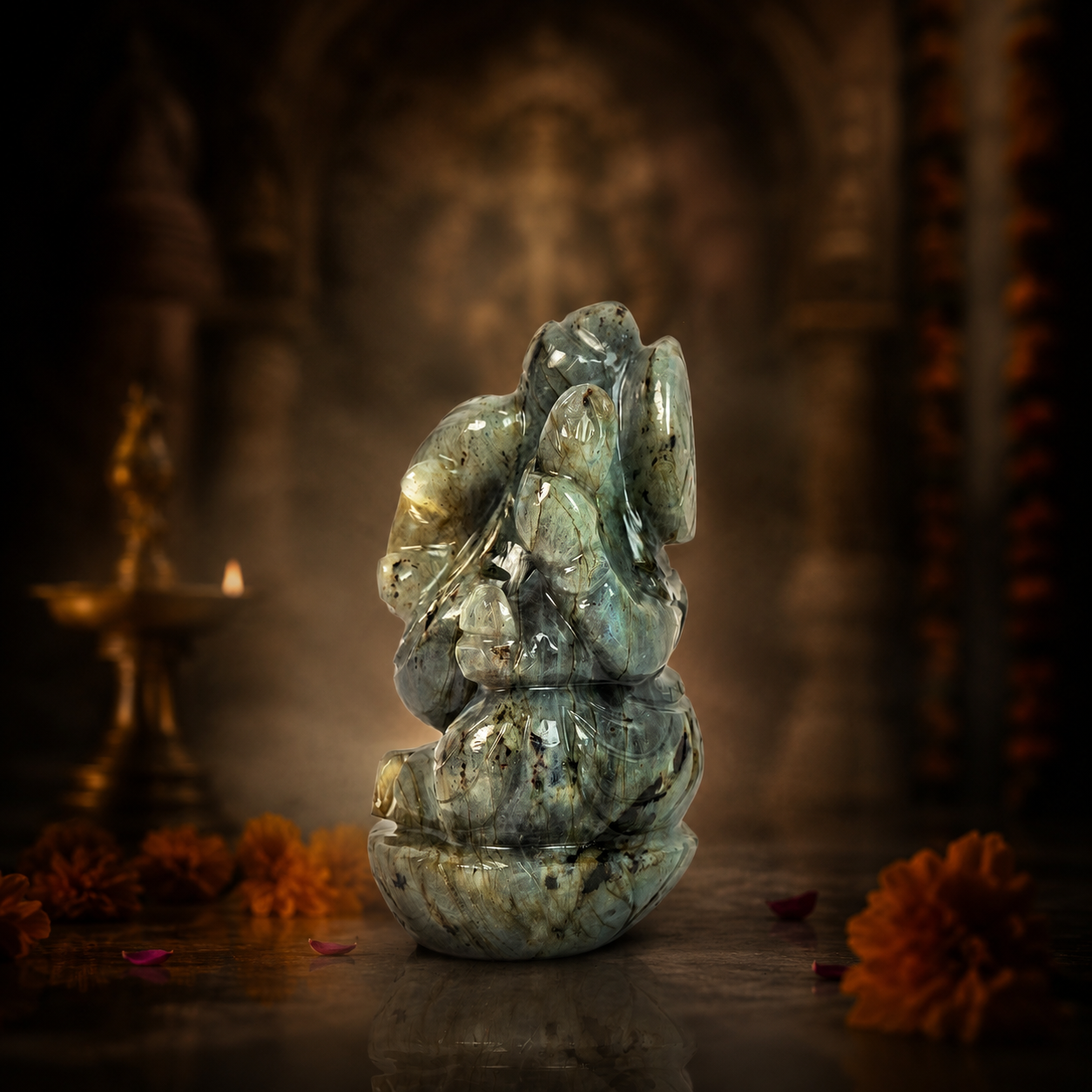 Natural Labradorite Ganesh Idol – Crystal Ganpati Statue for Home Temple & Desk Decor