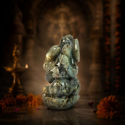 Natural Labradorite Ganesh Idol – Crystal Ganpati Statue for Home Temple & Desk Decor