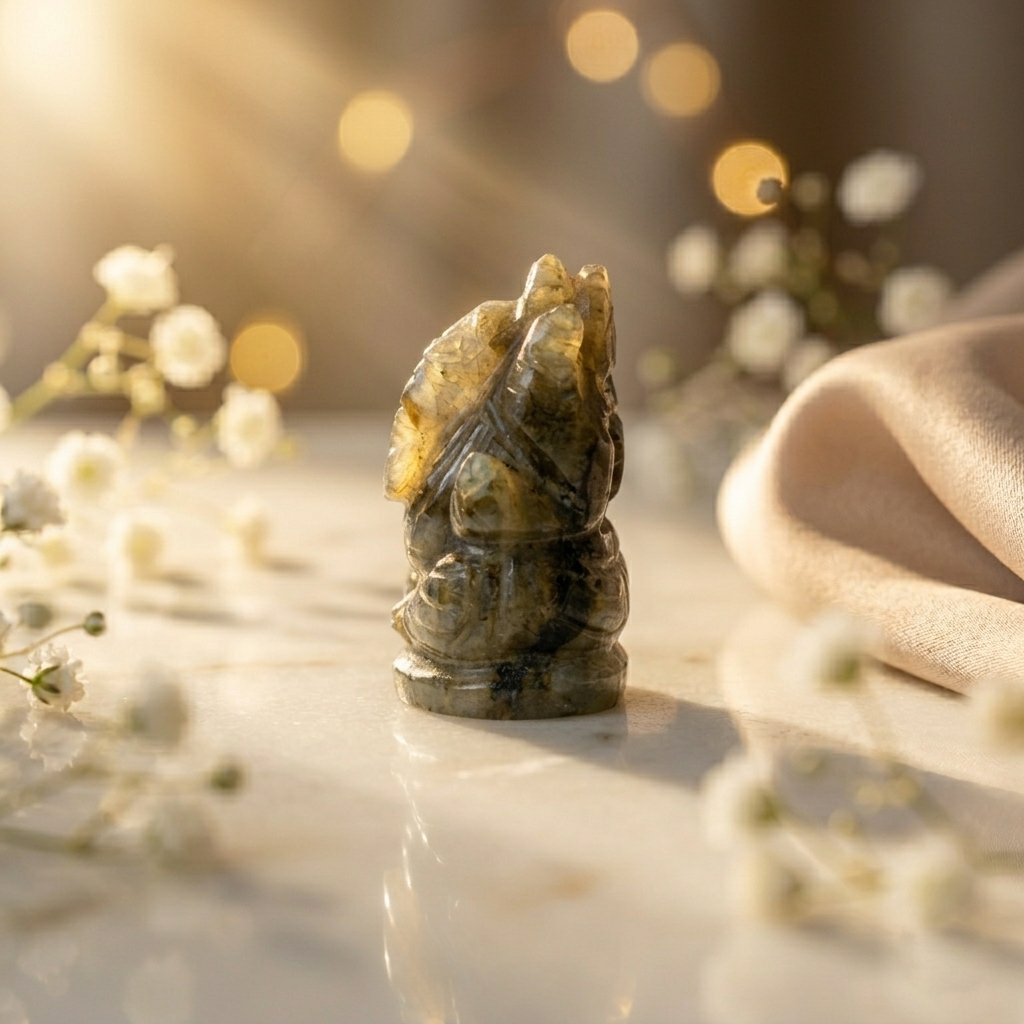 Natural Labradorite Ganesha Idol – Hand Carved Crystal Ganesh Statue for Home Temple Decor