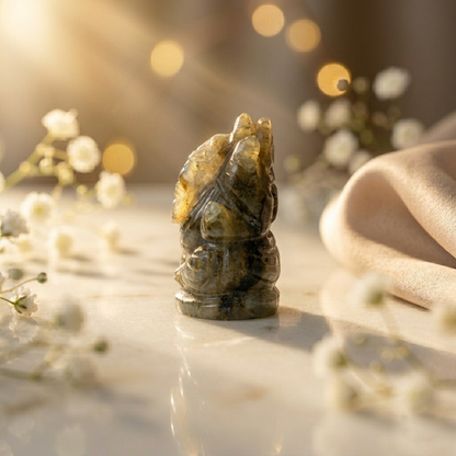 Natural Labradorite Ganesha Idol – Hand Carved Crystal Ganesh Statue for Home Temple Decor