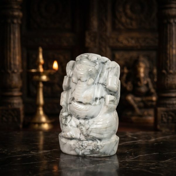 Natural Howlite Ganesh Idol – Hand Carved Crystal Ganpati Statue