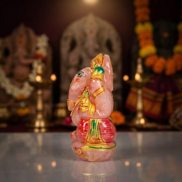 Natural Rose Quartz Ganesh Idol – Crystal Ganpati Statue for Home Temple Decor