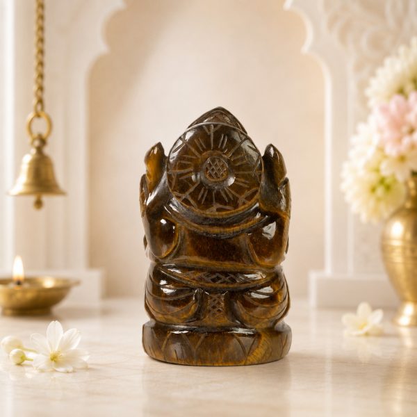 Natural Tiger Eye Ganesha Figurine – Handcrafted Golden Brown Crystal Decor Sculpture