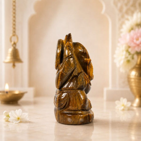 Natural Tiger Eye Ganesha Figurine – Handcrafted Golden Brown Crystal Decor Sculpture