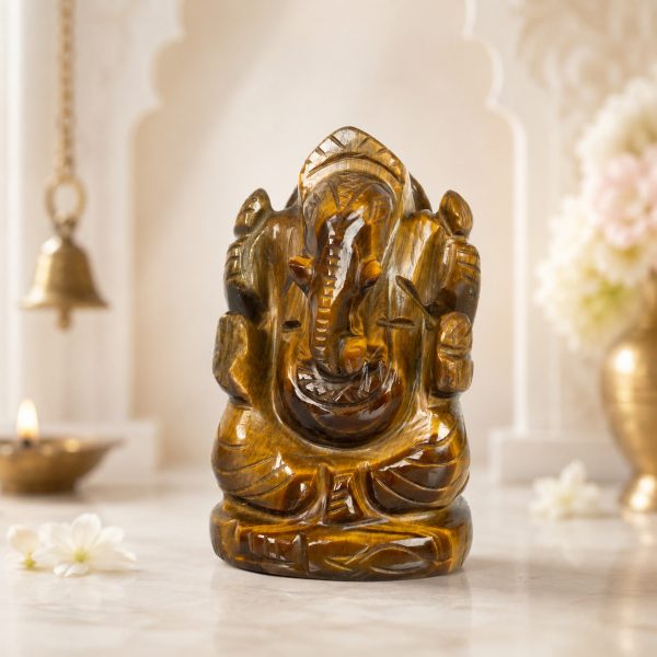 Natural Tiger Eye Ganesha Figurine – Handcrafted Golden Brown Crystal Decor Sculpture